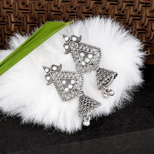 Image of Fashion Frill Earring For Women Floral Silver Oxidised Small Earring For Women And Girls Pair Of 12