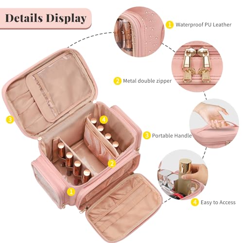 Makeup Bag Large Travel Make up Bag Organiser for Women PU Leather Toiletry Bag Portable Makeup Case with Brushes Compartments, Pink - Image 2