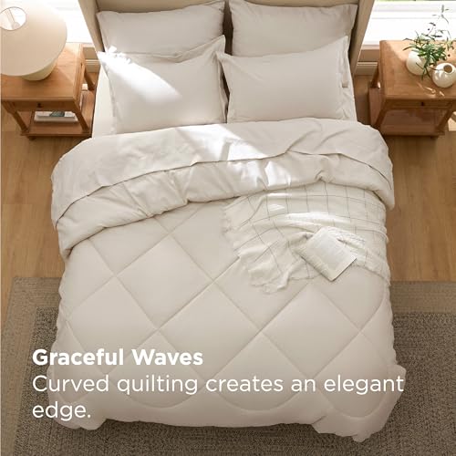 Image of Bedsure 7 Pieces Full Comforter Set Premium Series, Hotel Luxury Soft Bed in a Bag, Goose Down Alternative, Safe for Sensitive Skin Bedding Comforter All Season Medium Warmth, Beige Wavy Quilted