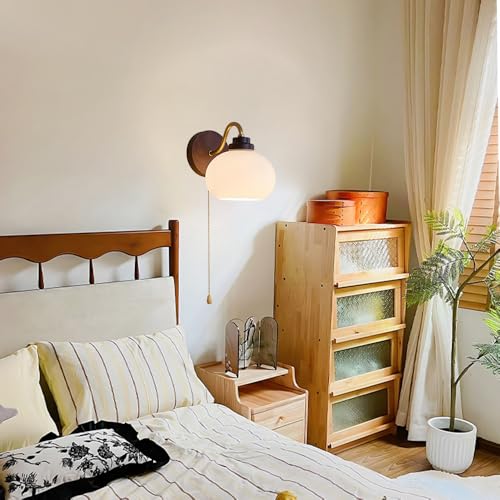 Jadssox Solid Wood Wall Light Retro Wall Sconce with Pull Chain Switch, Bathroom Vanity Light Fixture, Glass Shade Wall Lamps for Living Roon Halklway Bedroom, E27 Haedwired by Jadssox - Used condition - Image 4