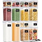 Airtight Food Storage Containers with Lids, 14 PCS Plastic Cereal Kitchen Stackable Food Storage Buckets Food Canisters for Kitchen Pantry Organization Snacks and Sugar Include 24 Labels