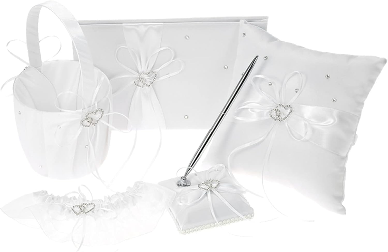 Wedding Supplies Double Heart Satin Flower Girl Basket Ring Bearer Pillow Guest Book Pen Holder Bride Garter Set(Satin-5PCS)