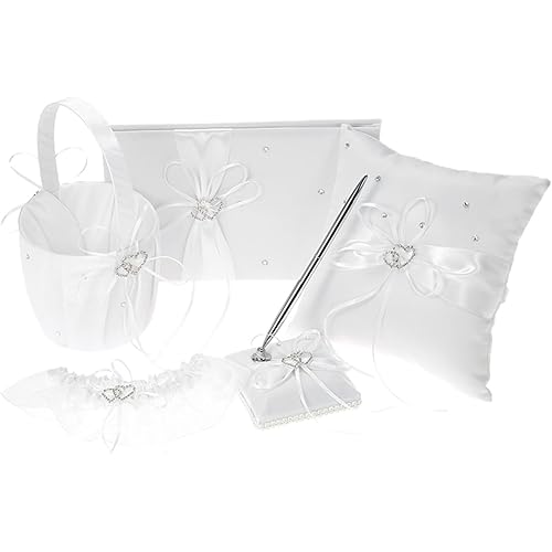 Wedding Supplies Double Heart Satin Flower Girl Basket Ring Bearer Pillow Guest Book Pen Holder Bride Garter Set(Satin-5PCS)
