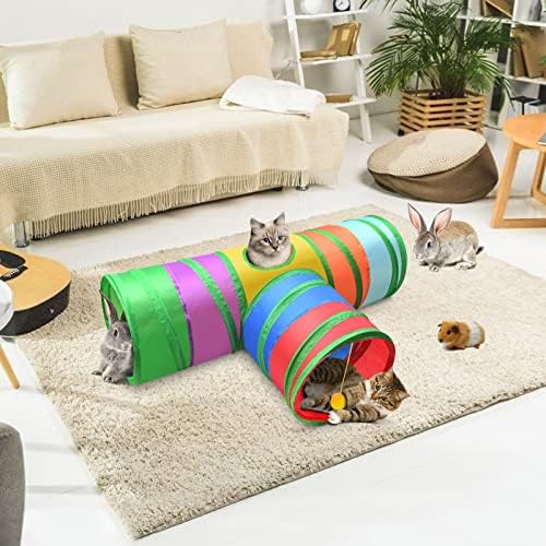ERKOON 3-Way Cat Tunnel, Cat Toy Rabbit Tunnel, 25cm Colorful Collapsible Cat Rabbit Tunnel Tube with Funny Cat Pompon Maze House for Cat, Rabbit, Guinea Pigs, Hamster, Kitten, Puppy ect Small Animals