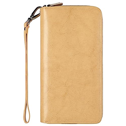 Lavemi Carteira feminina com bloqueio de RFID, 100% couro, grande capacidade, zíper ao redor, suporte de telefone clutch bolsa de viagem bolsa de pulso, Cáqui encerado 2, One Size, Clutch