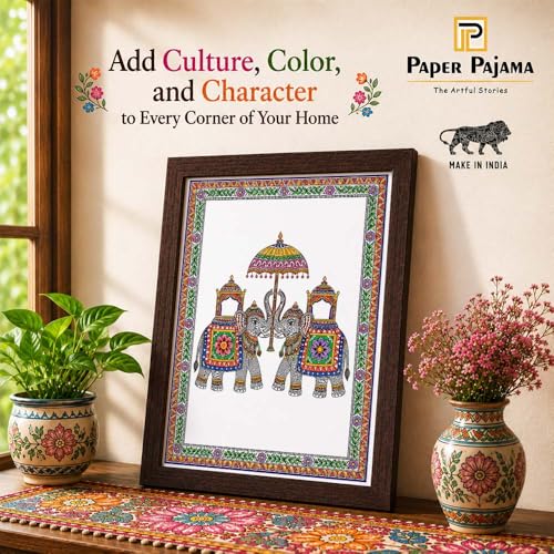 Image of PAPER PAJAMA Royal Elephant Vastu Wall Art for Living Room | Madhubani Elephant Pair Painting | Traditional Mithila Folk Art Framed Decor for Home, Office & Bedroom (10x13 Inches)