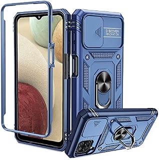 Pilaru for Samsung A12/M12 Case [Camera Protection] with Slide Camera Cover, Ring Kickstand and Soft TPU+Hard PC Bumper Military Shockproof Protective Phone Cover for Samsung Galaxy A12,Blue