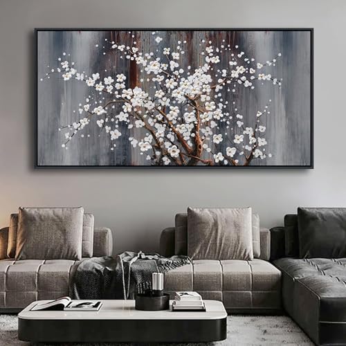 Image of Wall Art for Living Room Large Modern Wall Decor Canvas Paintings for Wall Decorations White Flower Brown Bedroom Office Artwork Plum Blossom Art Prints Framed 29x58IN