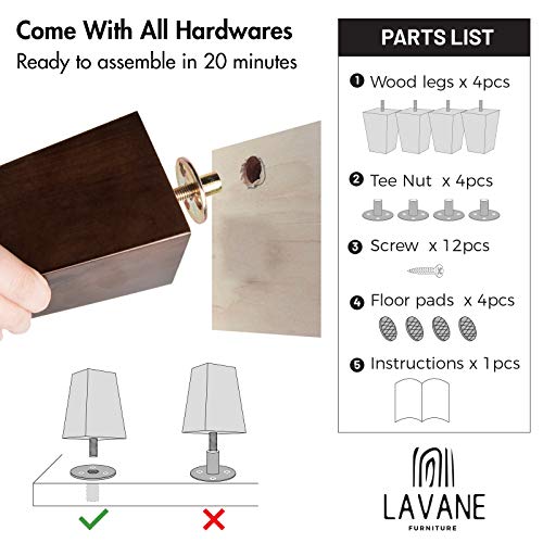 La Vane 8 Inch Wooden Furniture Legs, Set Of 4 Solid Wood Square Walnut Mid-Century Modern M8 Replacement Bun Feet With Pre-Drilled 5/16 Inch Bolt & Mounting Plate & Screws For Couch Sofa Armchair #TOP4