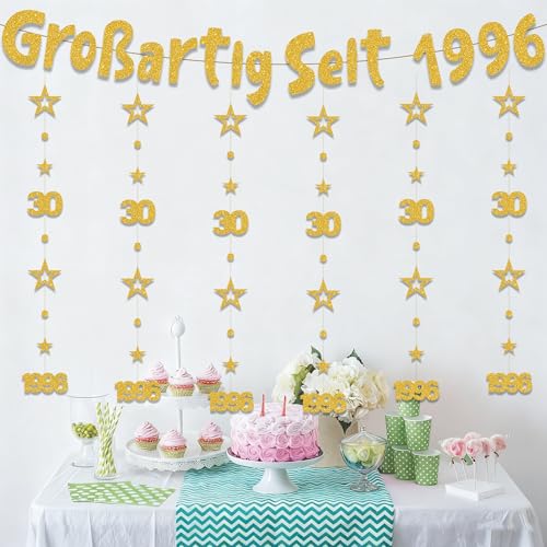 30. Geburtstag Deko Männer Frauen - 7 Stück Gold Großartig Seit 1996 Girlanden mit Zahlen 30 und Jahreszahl, Glitzer Banner und Hängedeko für Kinder Geburtstag Feier