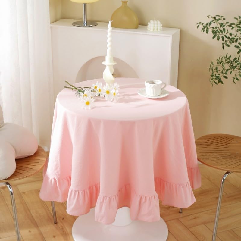 HAIRUO Cotton Linen Table Cloths Retro Farmhouse Heavy Fabric Table Cover Pink White Washable Table Top for Parties Coffee Kitchen Picnic Round Table Cloth (Pink,Round, 60")