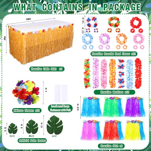 Blosssound 114 Pcs Hawaiian Luau Party Decorations Summer Tropical Table Skirts Leis Grass Skirts Flowers Necklaces Headbands Wristbands Palm Leaves Hibiscus Flowers Birthday Party Favor Supplies