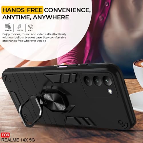 Image of AESTMO Realme 14X 5G Back Case Cover | Tough Armor Bumper | Ring Holder & Kickstand in-Built | 360 Degree Protection Cover for Realme 14X 5G (Black)