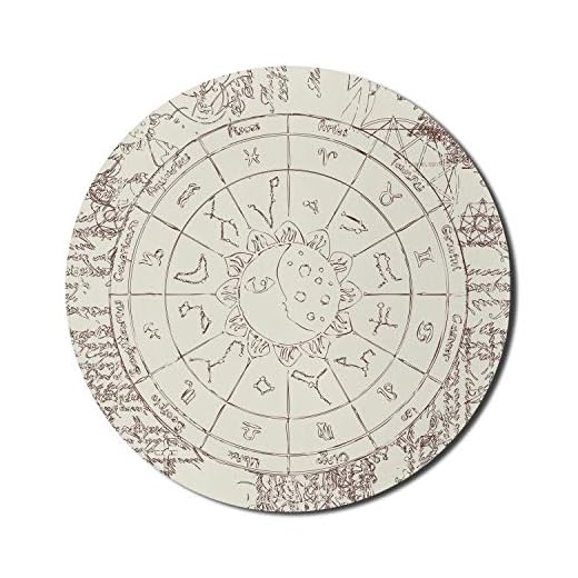 Sol och måne musmatta för datorer, Papyrus bild stjärnbilder horoskop stjärnbildning tema rund musmatta halkfri gummibas spelmusmatta hållbar rund musmatta 20 cm