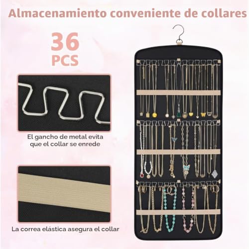 Miniatura 3 de Aucuu Organizador De Joyas Colgante De Doble Cara, Organizador Bisuteria Colgante Soporte Con Gancho De Metal, Almacenamiento De Cadenas Para Colgar Pendientes, Collares, Anillo, 80 36cm, Negro