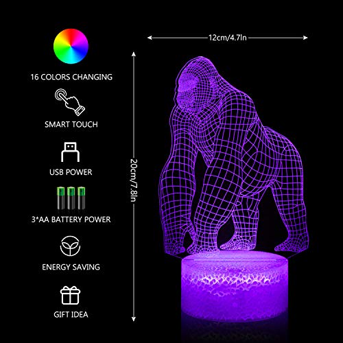 Image of BASSI 3D Gorilla Lamp for Kids, 16 Colors Changing Remote Control 3D Night Light Gorilla Toy - Birthday Christmas Gifts for Boys Girls Age 2 3 4 5 6 7 8 9 Teenages