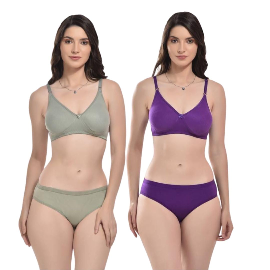 Womens Bra Panty Set Non Padded Combo Non Wired Bra with Panty Cotton Blend Bra Panty Lingerie Set Pack of 2 (Multicolor) Multicolour-picture-32