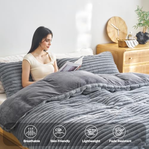 Image of Besfunny Dark Grey Plush Comforter Cover Full Size ,Fluffy Striped Bedding 2pcs Set(1 Fuzzy Duvet Cover + 1 Fur Pillow Cases ) Faux Fur Luxury Bed Set (Dark Grey, Twin)