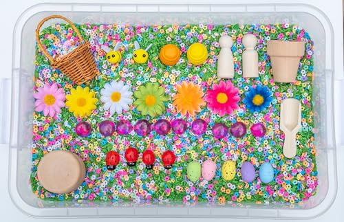 Spring Flower Sensory Bin Kit for Kids Green Rice Felt Bees Wooden Eggs & Ladybugs Floral Accessories & Wooden Tools Includes Clear Storage Bin