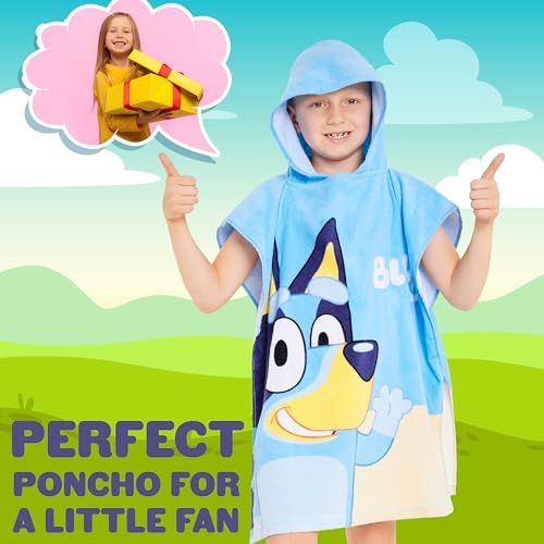 Bluey Towelling Poncho - Hooded Robe for Kids - One Size Cotton Changing Robe - Holiday Beach Poncho, Swimming, Bath (Blue/Orange)3