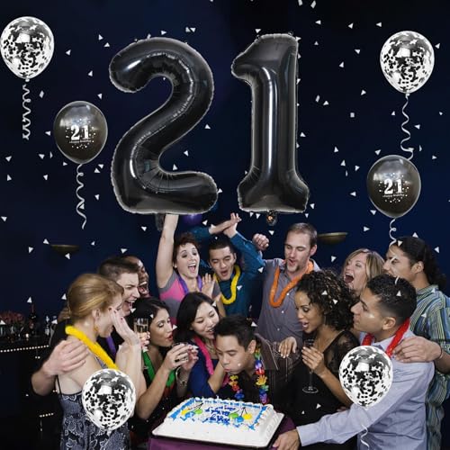 Image of 21st Birthday Balloons Black, Decorations for Him With Large Number 21 Foil Balloon, Confetti Metallic Black Latex Balloons for Her Girls Boys 21 Years Old Bday Decor