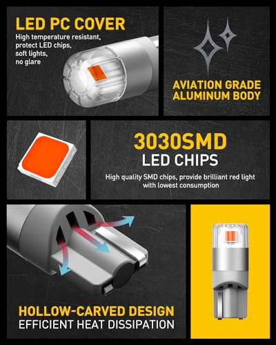 Image of AUXITO Red 194 LED Light Bulbs, Super Bright 1:1 Size, License Plate Light 168 2825 W5W T10 Error Free Car Bulbs for Dome Map Door Courtesy Side Marker Cornering Trunk Light (Pack of 2)