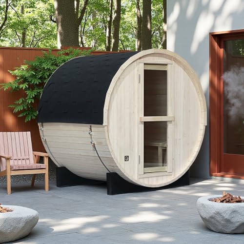 AURGOD Outdoor Barrel Steam Sauna, Pinewood Sauna Room for 4 Person with 4.5KW Toule Heater, 8mm Tempered Glass Door