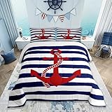 Geometric Stripes Comforter Set Twin Size,Nautical Anchor Bedding Sets 2Pcs Kids Boys Bedroom Decor 1 Pillowcase Ocean Adventure Theme Quilted Duvet Modern Navy Blue Red Bedspread Comforter