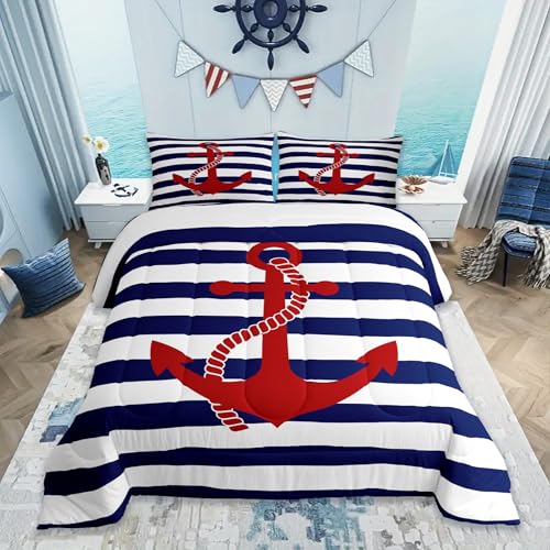 Geometric Stripes Comforter Set Twin Size,Nautical Anchor Bedding Sets 2Pcs