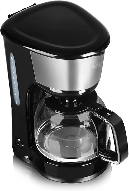 Tower T13001 10 Cup Coffee Maker with Keep Warm Function and Water Gauge, 1.25L, 1000W, Black,Silver/Black