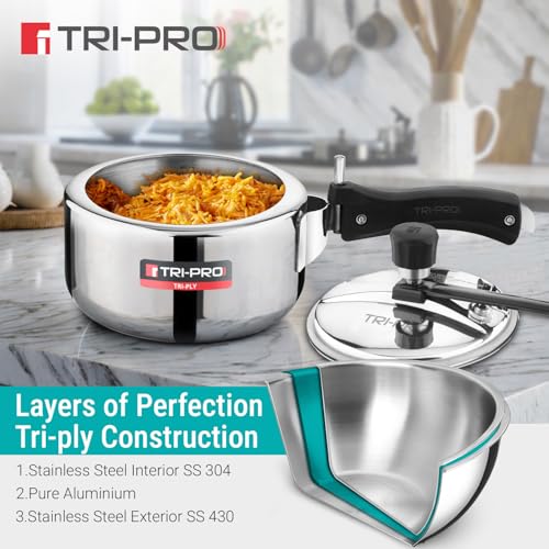Image of Tripro Triply Stainless Steel Inner Lid Pressure Cooker, 2 Litres Pressure Cooker, Even Heat Distribution, Bakelite Sturdy Handle, Healthy Cooking, Easy to Clean - Induction and Gas Stove Ready