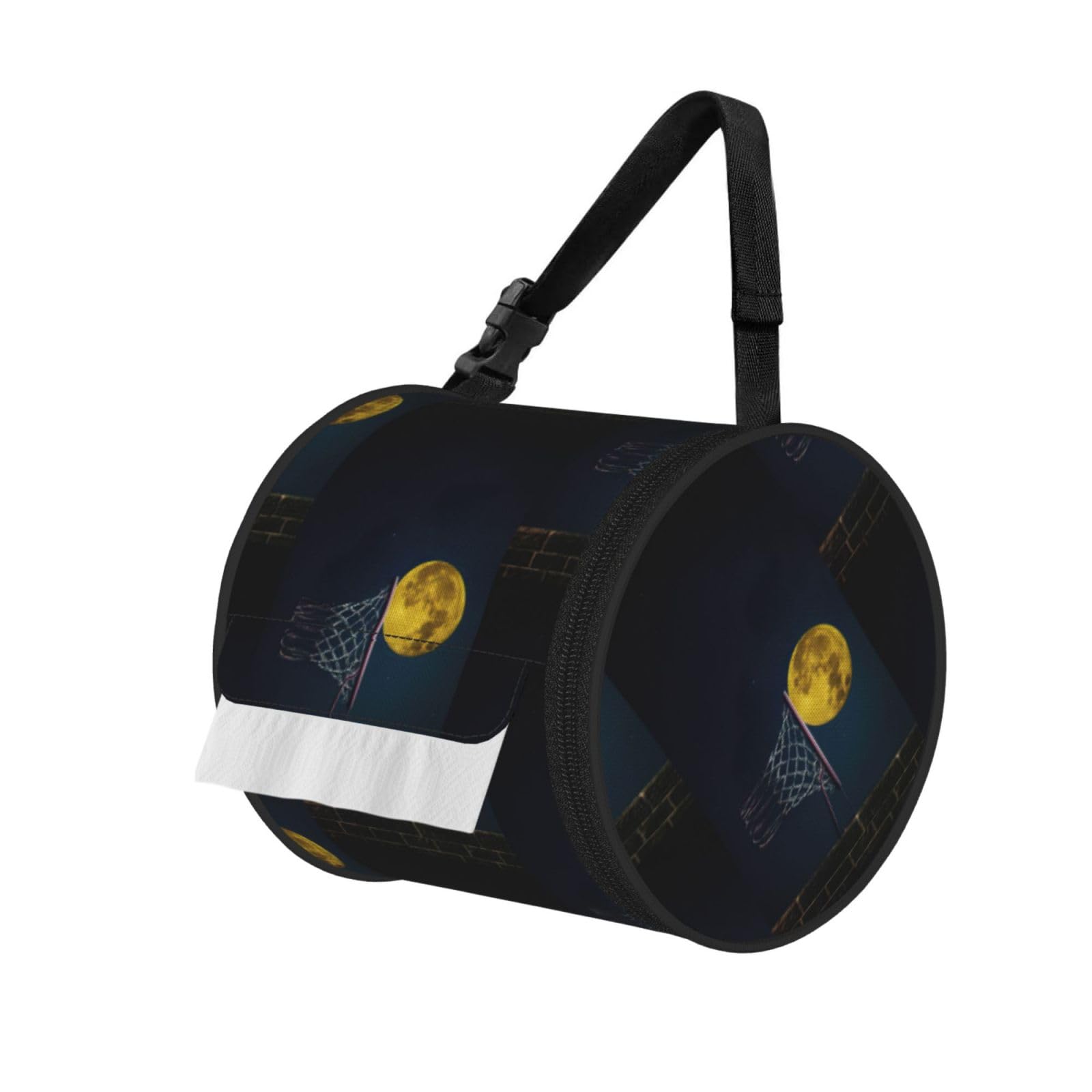 Moon and Basketball Printed Roll Paper Carrier Bag, Foldable Oxford Cloth Tissue Case for Camping Hiking Backpack