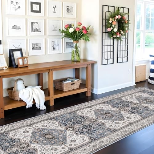 RUUGME Washable 3x10 Runner Rugs - Hallway Runner Rug for Living Room Kitchen Non Slip Stain Resistant Carpet Vintage Tribal Rugs for Bedroom BathroomHome Decor Floor Decoration Mat 3x10 Navy