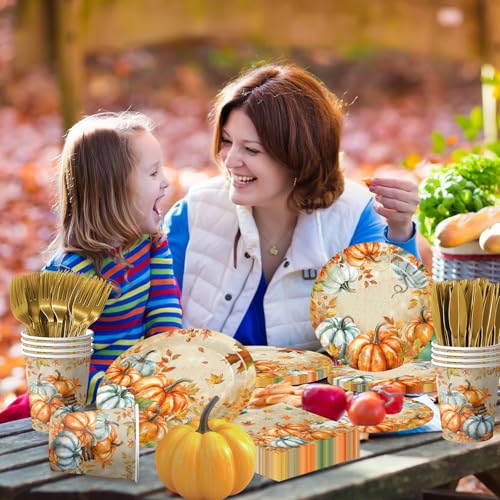 Image of Fall Paper Plates and Napkins Sets,144pcs Watercolor Retro Pumpkin Thanksgiving Party Plates and Cups and Napkins Sets for Autumn Themed Thanksgiving Party Supplies,Serves 24