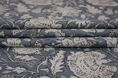 Image of Indian Hand-Block Printed Jaipuri Flower Print Floral Ethnic Sanganer Kurti Print Cotton Fabric (3 Yards, White Gray Flower)