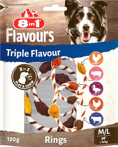 8in1 Triple Flavour Rings M/L snack per cani - Snack da masticare per giocare e masticare con carne extra, busta da 120 g 2 doppi anelli