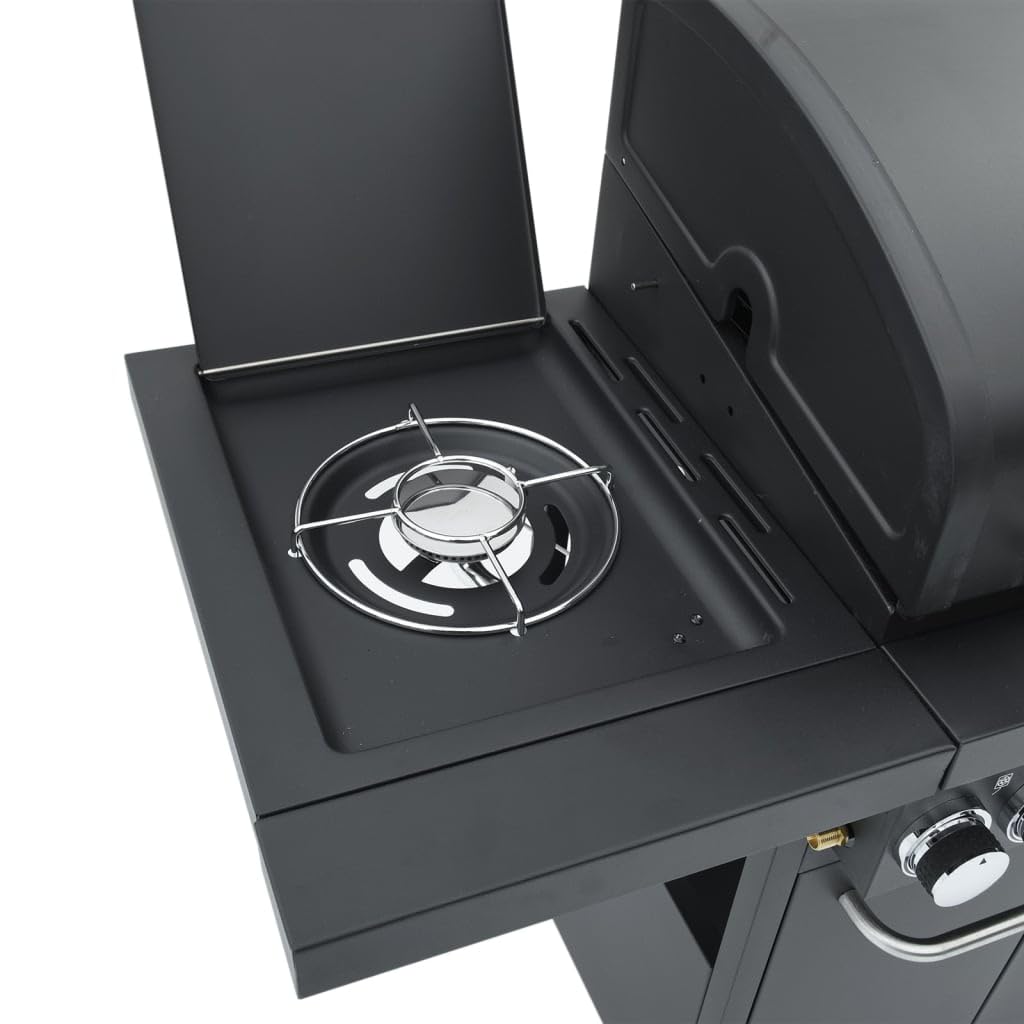 vidaXL Gasgrill mit 4 Flammen, Grillwagen mit Piezo-Zündsystem Thermometer, Gartengrill mit Rädern Stauraum, Grillstation, Schwarz Pulverbeschichteter Stahl