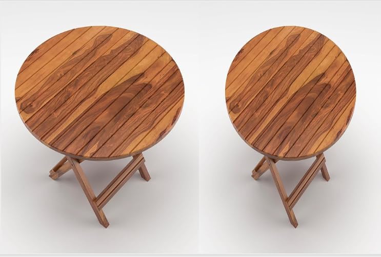 Image of WELL KNOWN Patio Foldable Coffee /Tea Center Table, Outdoor Wooden Round Portable Folding Picnic Camping, Dining Table for Balcony Living Room, Garden Bistro Side Table, Natural Brown Finish-Set of 2