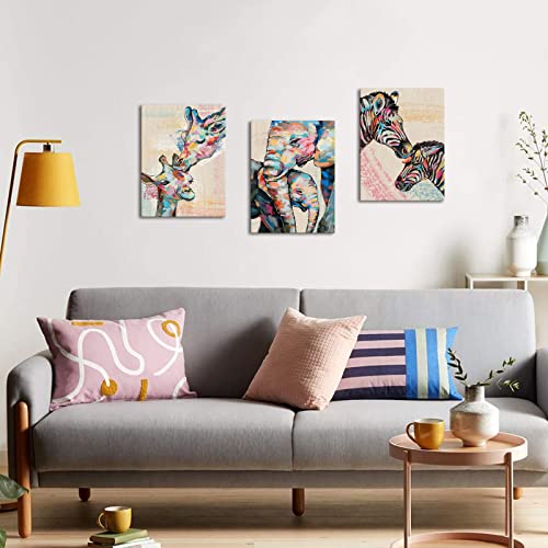 Artmyharbor 3 Pcs Animal Canvas Wall Art Zebra Elephant Family Print Giraffe Colorful Wall Art Children's Graffiti Scroll Funny Cartoons Painting Framed Home Living Room Nursery Kids Bedroom #TOP4