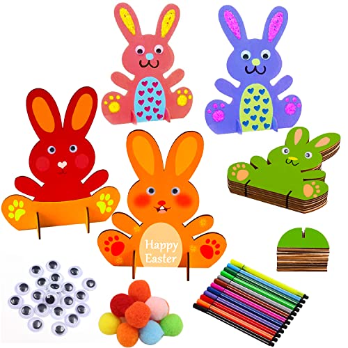 Abnaok 10 Stück Hasen aus Holz zum Bemalen, Ostern Basteln Kinder, DIY Osterhase Deko mit Bunte Mini Pompons und Kulleraugen und Aquarellpinsel Set für Kinder Ostern und Frühling zum Dekorieren