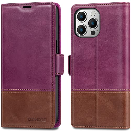KEZiHOME Case for iPhone 14 Pro Wallet Case, Genuine Leather Flip Folio [RFID Blocking] [Card Slots ] [Kickstand] Shockproof Cover Magnetic Case Compatible with iPhone 14 Pro 5G (Purple/Brown)