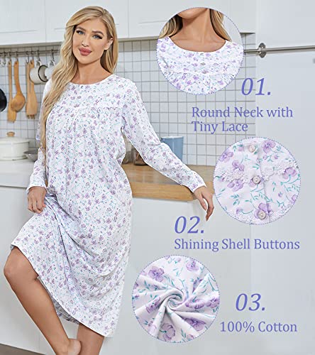 Image of IZZY + TOBY Nightgowns for Women Long Sleeve Soft Cotton Long Warm Nightdress Kintted Night Gown