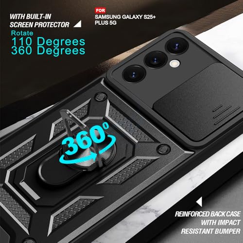 Image of AESTMO Tough Armor Samsung Galaxy S25 Plus 5G Bumper Back Case Cover | Ring Holder & Sliding Camera Cover | 360 Degree Protection Back Case Cover (Black)