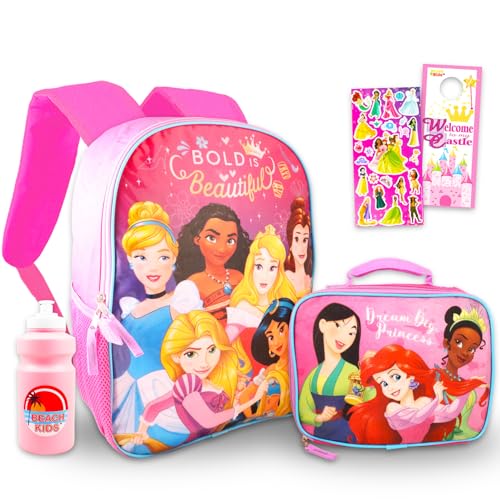 Disney Conjunto de mochila e lancheira princesa – Pacote com mochila de 41 cm, lancheira, garrafa de água, adesivos, mais | Mochila Disney Princess para crianças