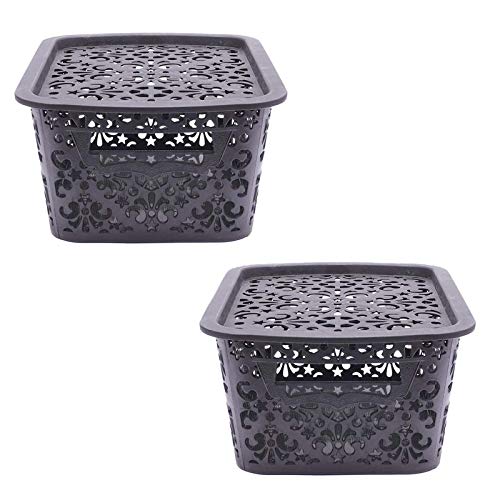 Cutting EDGE Unbreakable Plastic Turkish Baskets with Lid (23 x 17 x 10 cm) for Storage Baskets For Fruit Vegetable Bathroom Stationary Home Basket with Handle, Set of 2 (Black, Small)
