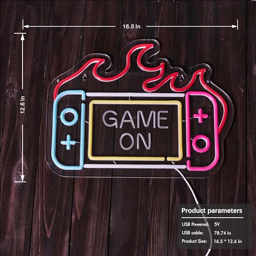 Image of Game On Neon Sign for Wall Decor, Game Console Dimmable LED Neon Light Sign for Switch Room Children's Bedroom Gaming Room Decor Wall Art Birthday Gift Men Cave, USB Powered.