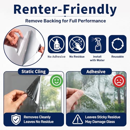 Image of WPCTEV One Way Window Privacy Film, See Out Not in Daytime Mirror Tint for Home, Heat Blocking Window Film with Sun & UV Control Static Cling Reflective Glass Covering Black Silver 17.5Inch x 6.5Feet