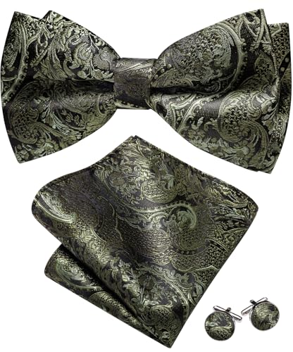 Image of Barry.Wang Paisley Striped Bow Tie for Men Silk Pre-Tied Bowtie Pocket Square Cufflinks Set Formal Wedding Party Prom