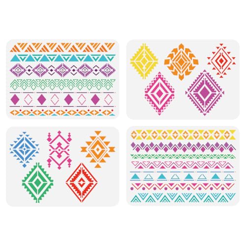 FINGERINSPIRE 4Pcs Pochoir de Peinture Géométrique Tribal 21x29.7 Cm, Motif Bohème Aztèque, Thème Bohème, Motif Floral, Modèle pour Peinture sur Bois,...