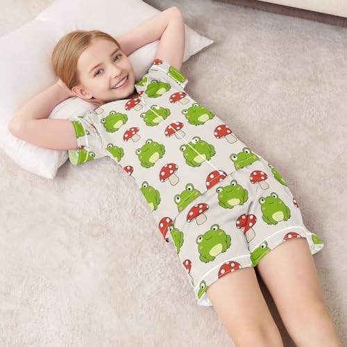 Reiacy Kids Satin Pajamas Set, Mushroom Frog Girls Boys Short Sleeve Button-Down Shirt & Shorts Sleepwear Pjs 5-6 yrs - Image 7